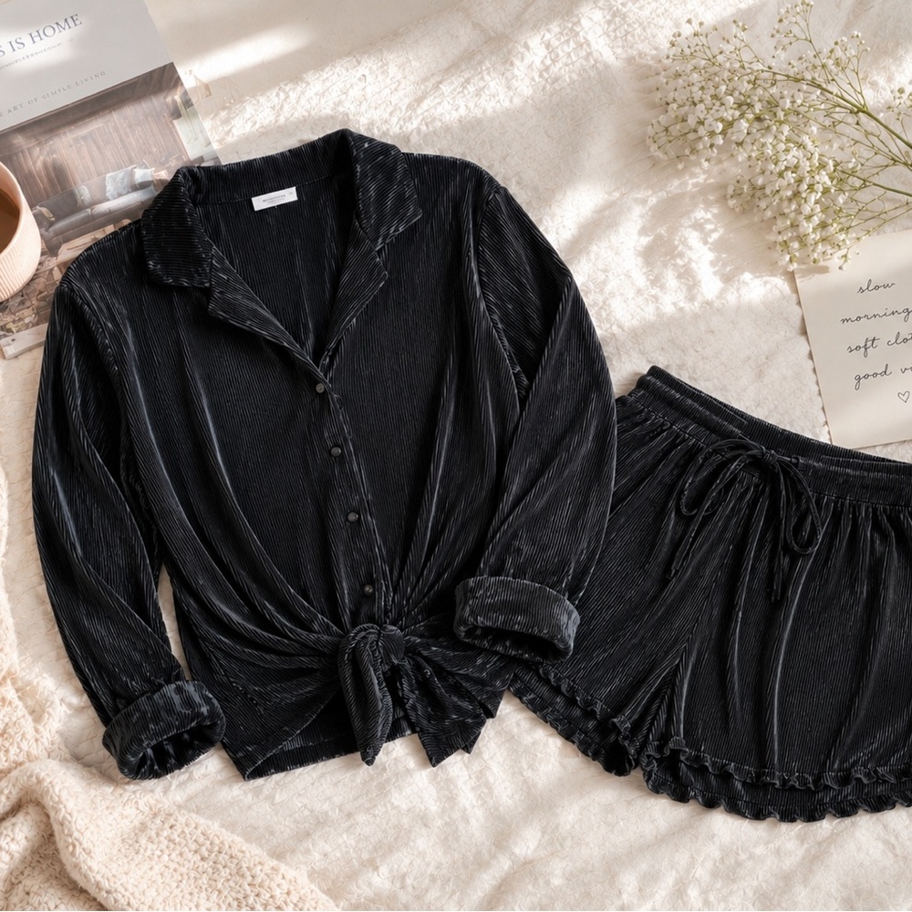 Black Velvet Button-Front Sleep Set — Women’s Intimates & Sleepwear